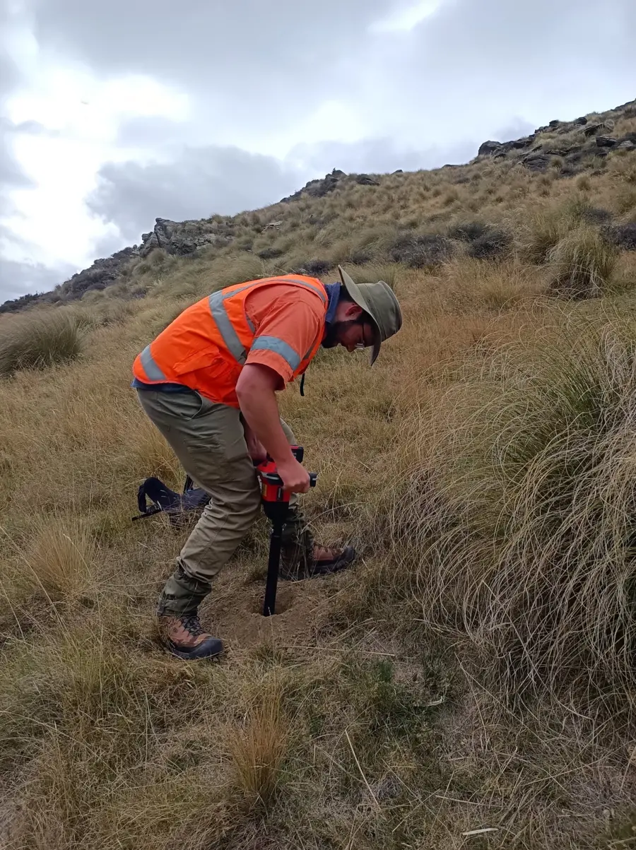 Joe Cunningham soil sampling at Capburn, Central Otago