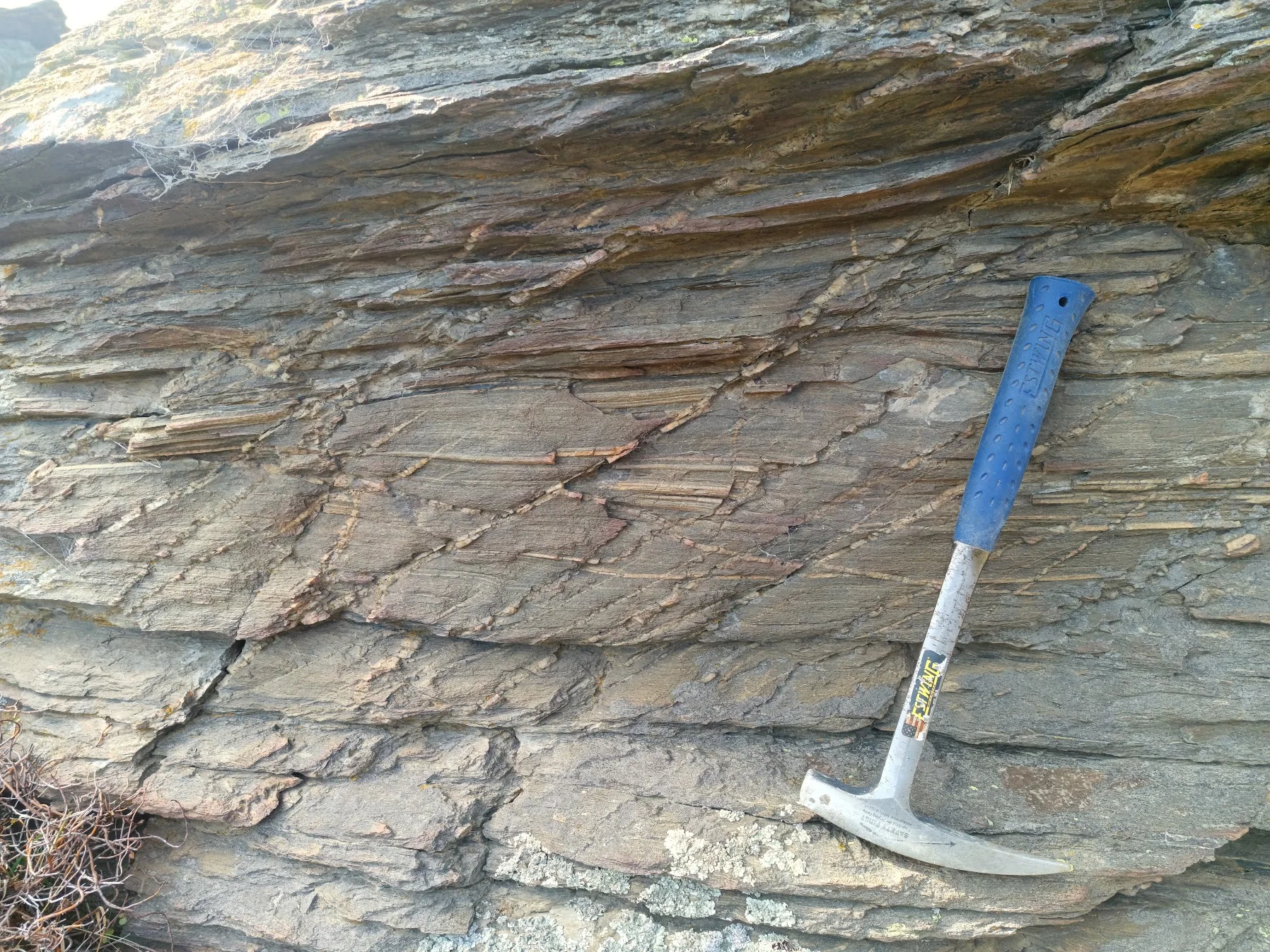Schist outcrop at Oturehua, Otago, with geological hammer for scale